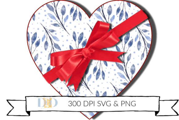 Blue Floral Heart with Red Ribbon