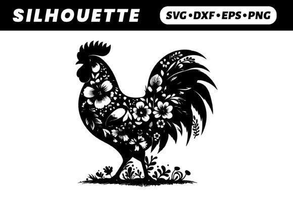 Floral Rooster Silhouette, White BG